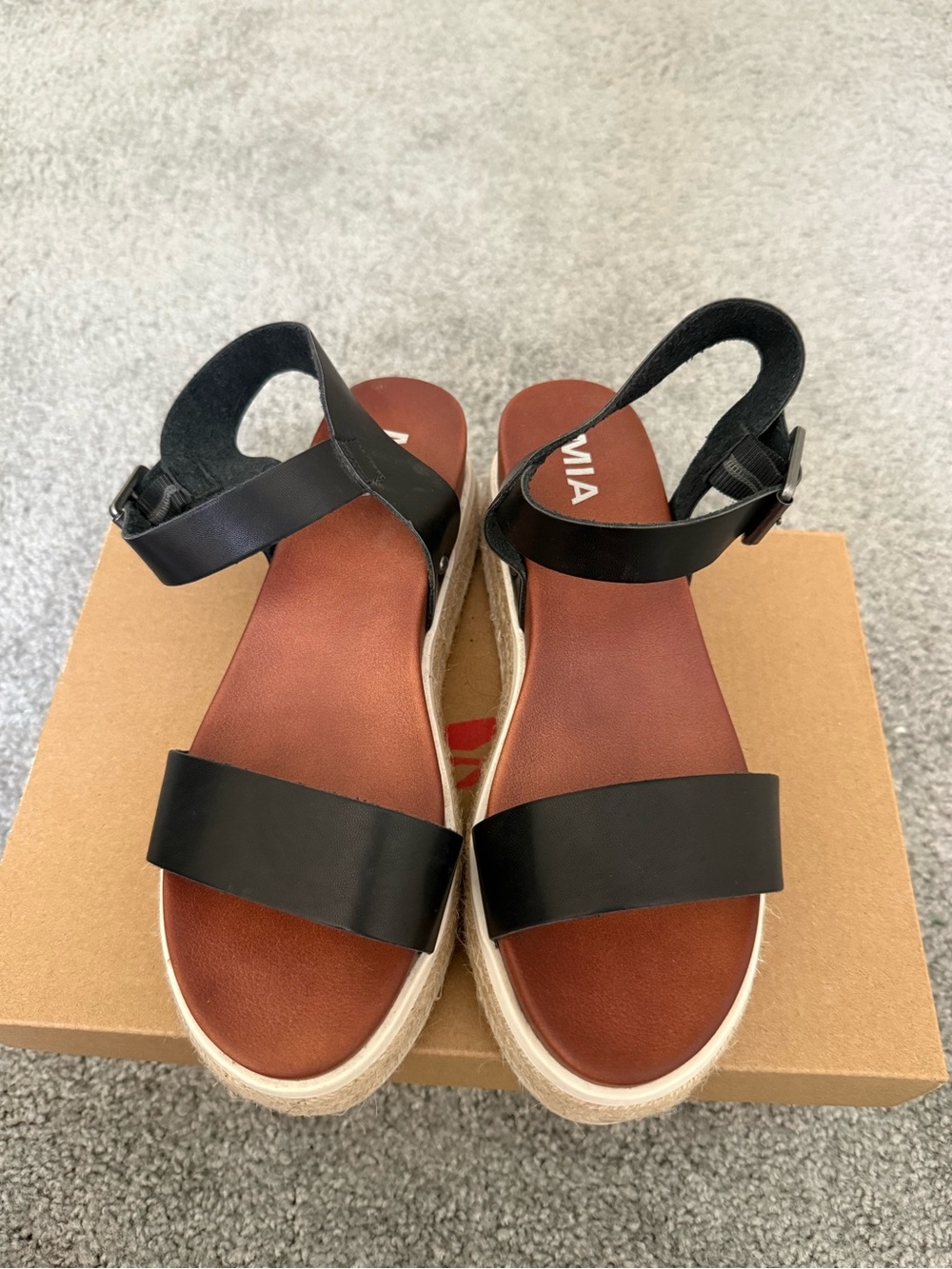 MIA Black Leather Ankle-Strap Espadrille Sandals